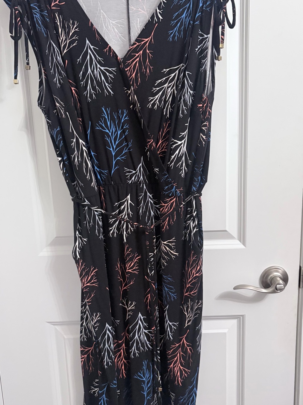 Liz Claiborne Black Sleeveless Jumpsuit with Blue, White & Coral Branch Motif